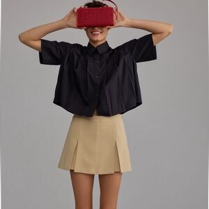 NWOT Anthropologie Maeve Short Sleeve Pleated Poplin Blouse | XS | Black